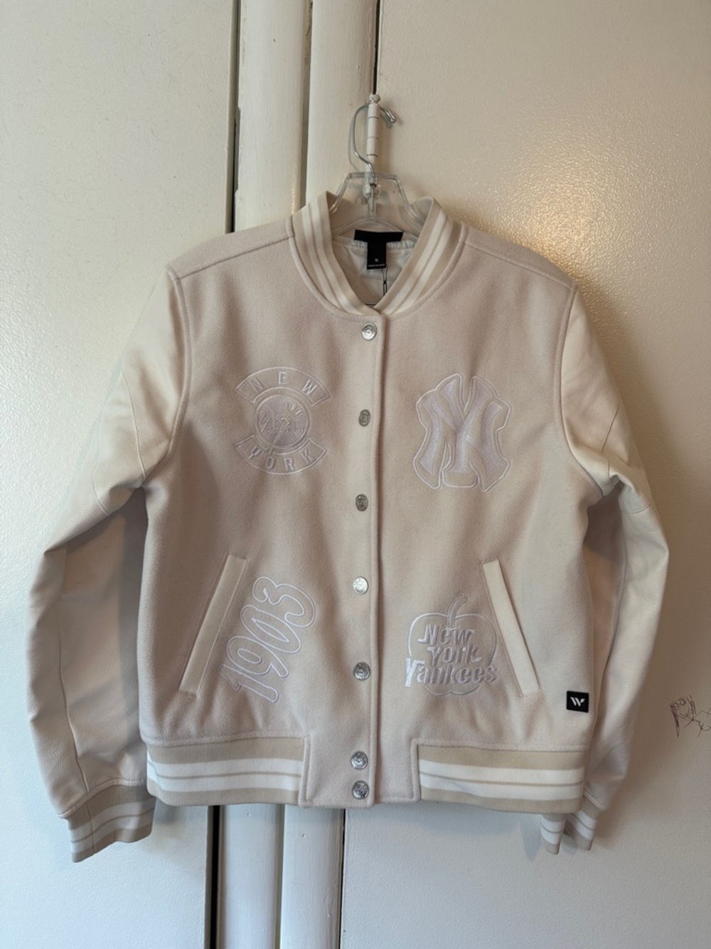 MLB Women's Cream Varsity Jacket with Embroidered NY YANKEES